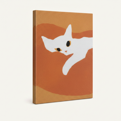 Gallery-wrapped white cat minimalist canvas print angled view showing warm orange wrapped sides and flat illustration detail