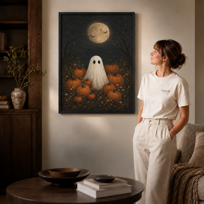 Framed ghost and pumpkin artwork displayed beside a standing model in a warm room