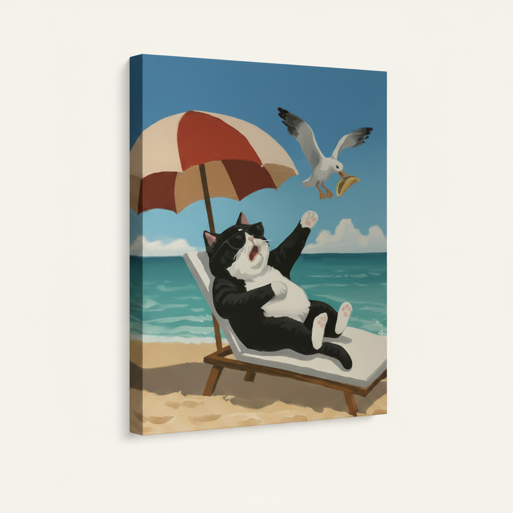 Gallery wrapped beach cat canvas print side angle view on off-white background