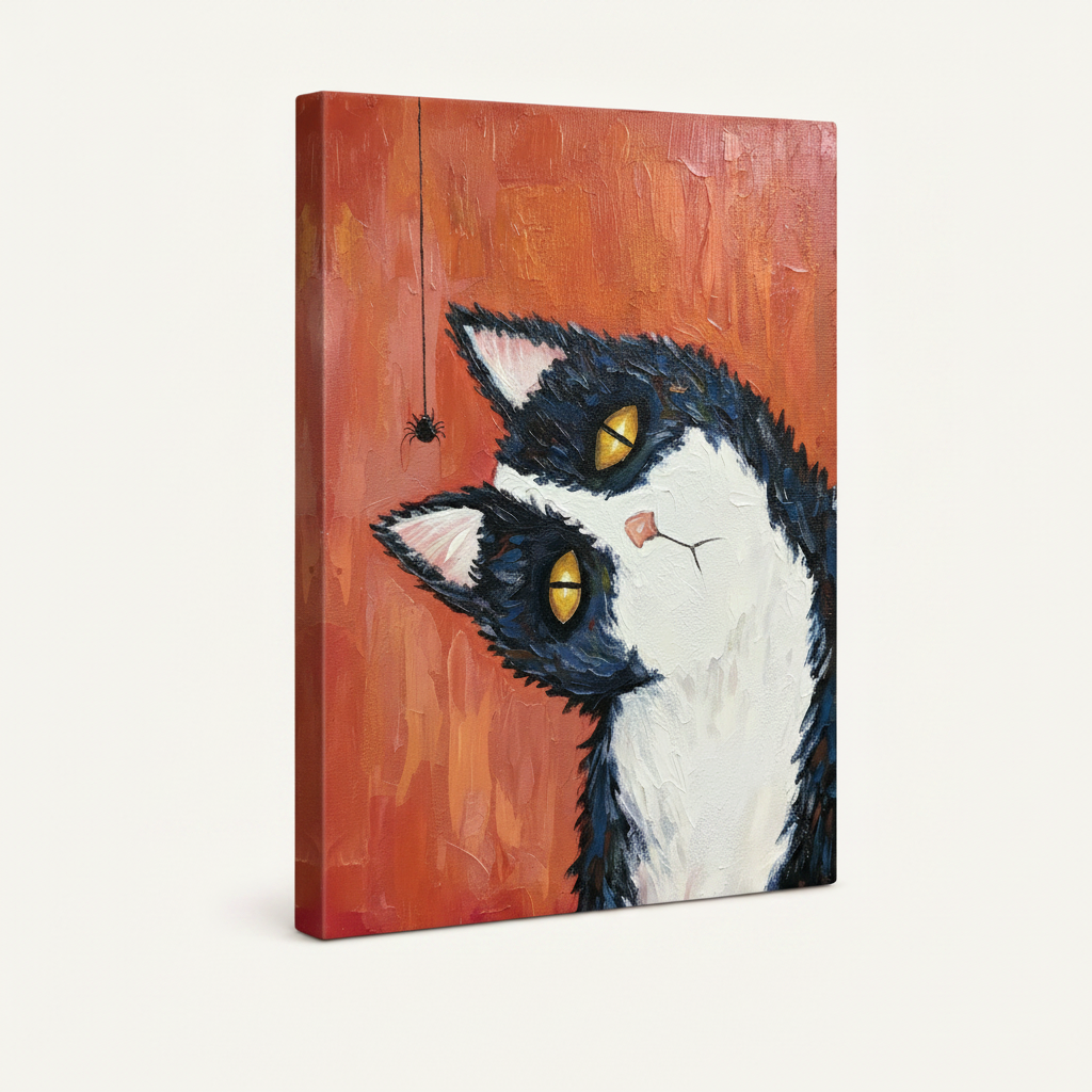 Gallery-wrapped tuxedo cat canvas print shown at angle on white background