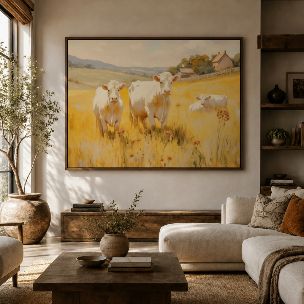 Large white cows golden meadow farmhouse pastoral canvas above walnut console in warm neutral modern living room