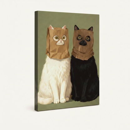 Gallery wrapped canvas print of two masked cats on clean white background, side angle view