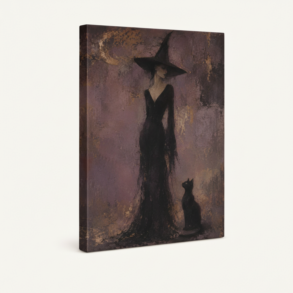 Frameless gallery wrap canvas of witch and black cat gothic painting on white background