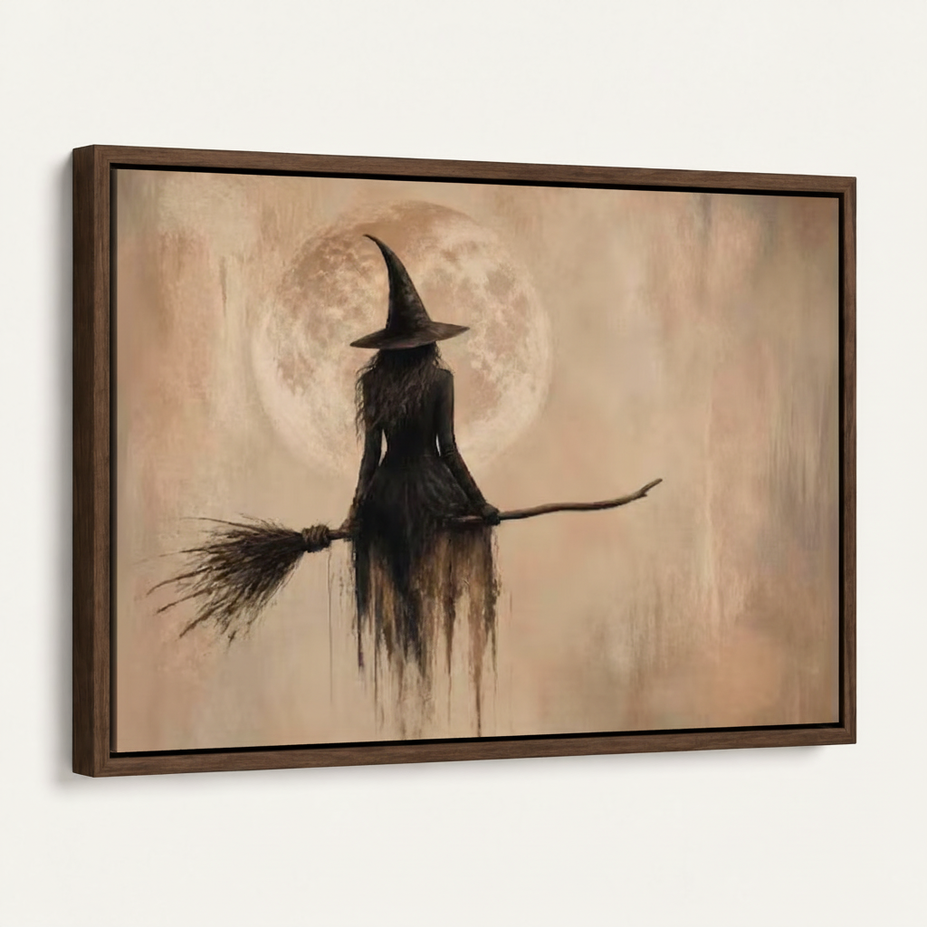Witch moon impasto painting dark walnut float frame 45 degree product view white background