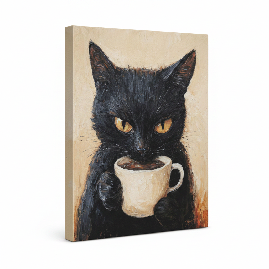 Gallery wrapped canvas print of black cat with coffee cup shown at angle with solid cream colored edges on white background