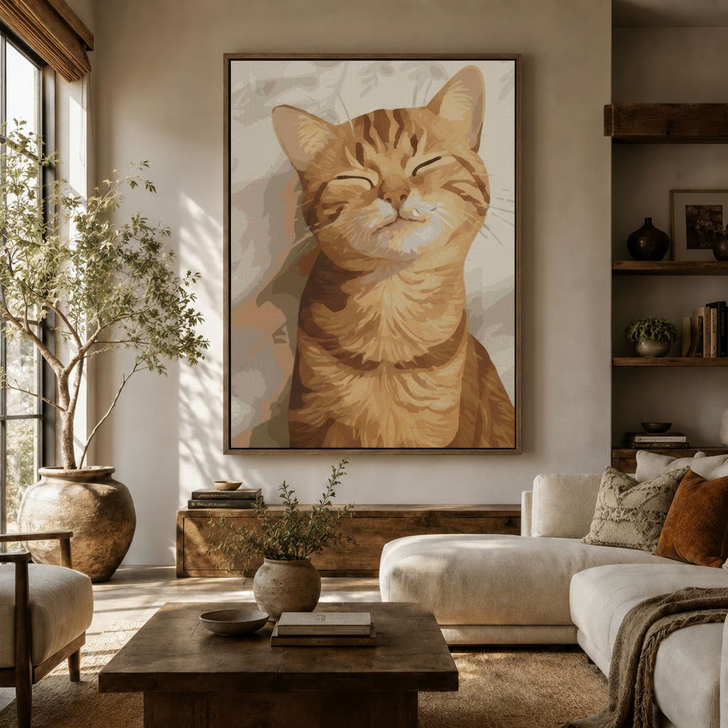 Cozy orange tabby cat painterly canvas in walnut frame above rustic sideboard in warm neutral living room