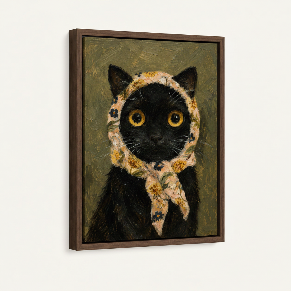 Framed canvas wall art of a black cat wearing a vintage floral headscarf, angled product view on white background