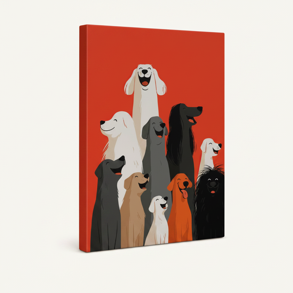 Gallery wrapped dog illustration canvas print side angle view off-white background