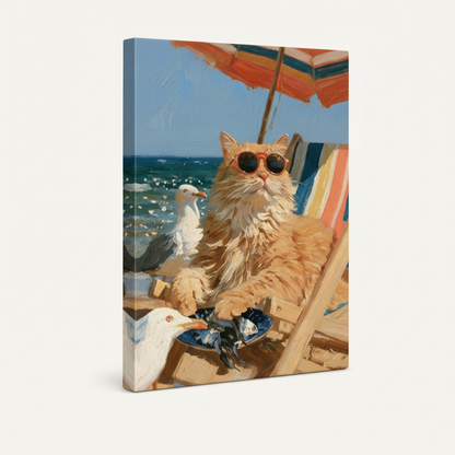 Gallery-wrapped sunglasses cat beach painting canvas at angle showing wrap depth on clean off-white background