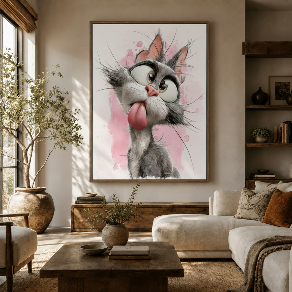 Expressive funny cat cartoon canvas wall art hanging in warm modern living room with olive tree and sofa