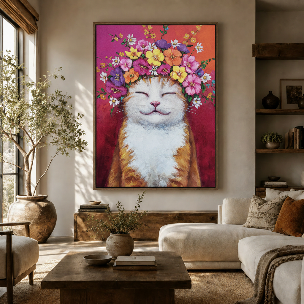 Bold colorful cat portrait canvas art hanging in a bright modern living room above sideboard