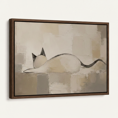 Dark walnut floating frame canvas with minimalist cat impasto painting, angled product view