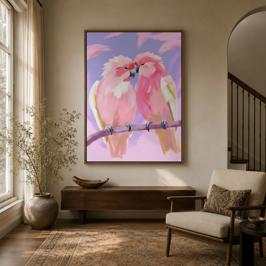Large pink lovebirds wall art canvas displayed in bright entryway with arched doorway and armchair