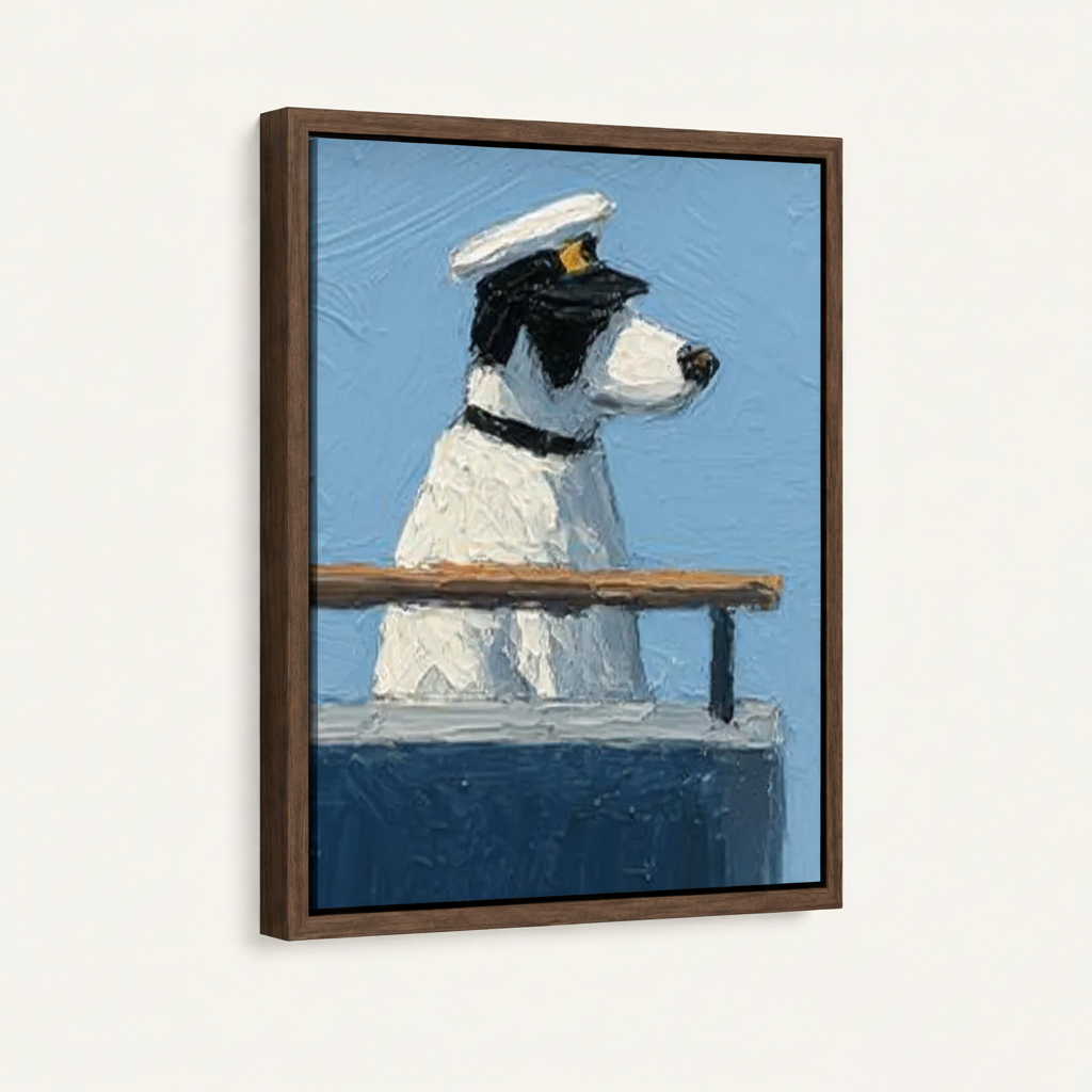 Framed captain dog canvas in dark walnut floating frame 3/4 angle product view on white background