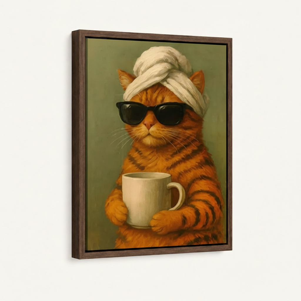 Funny cat canvas print in dark walnut float frame shown at an angle on a cream background