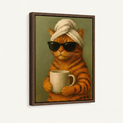 Funny cat canvas print in dark walnut float frame shown at an angle on a cream background