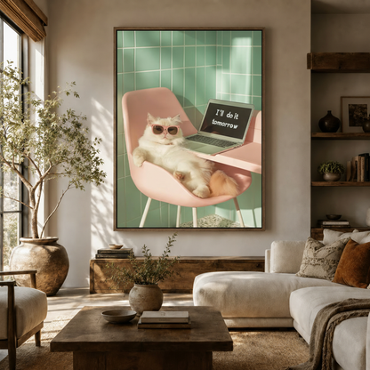 Humorous white cat procrastinator canvas above sideboard in warm modern living room