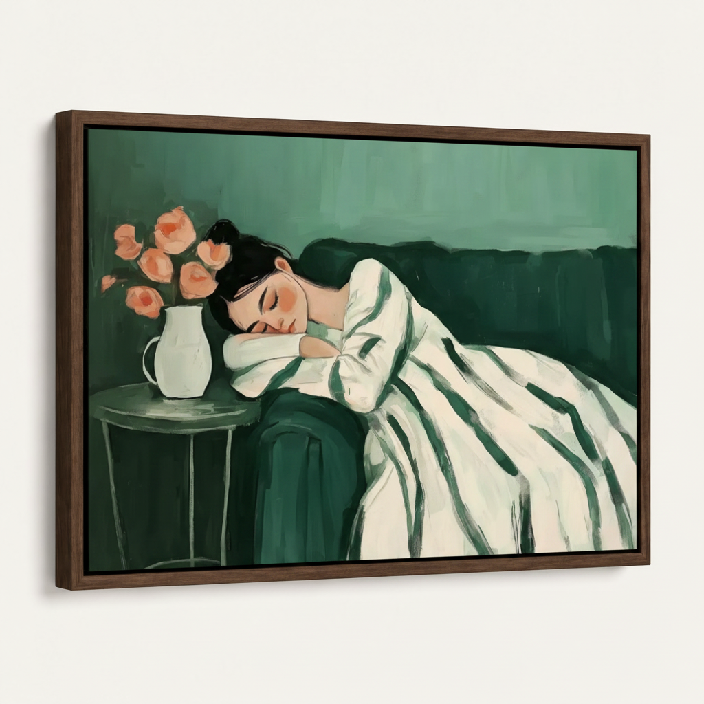 Framed canvas print of woman sleeping on green sofa with pink roses, dark walnut float frame