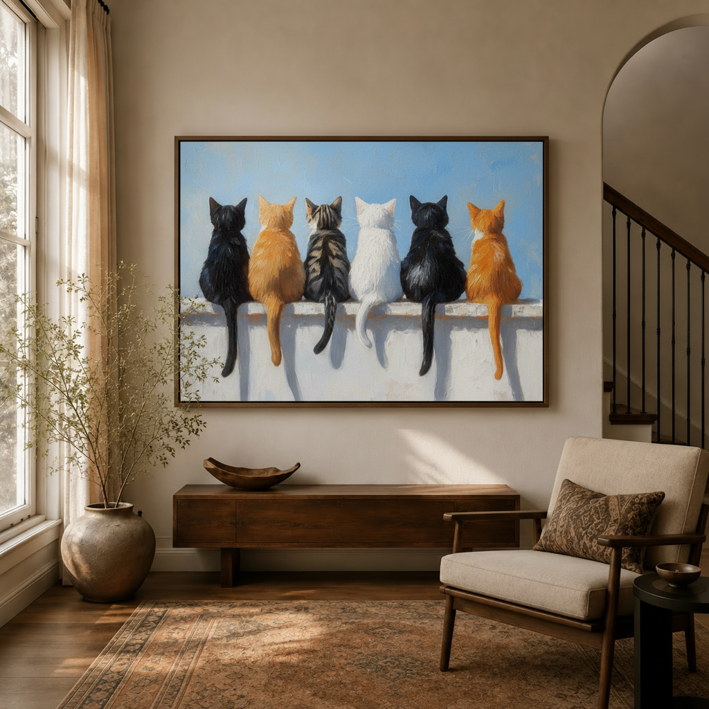 Bold cat canvas wall art hanging in warm entryway with arched doorway and dried branch decor
