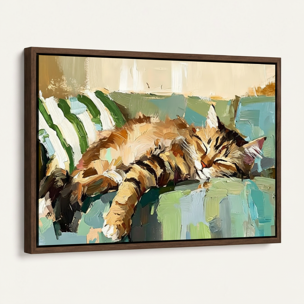Dark walnut framed canvas print of sleeping cat oil painting angled product view white background