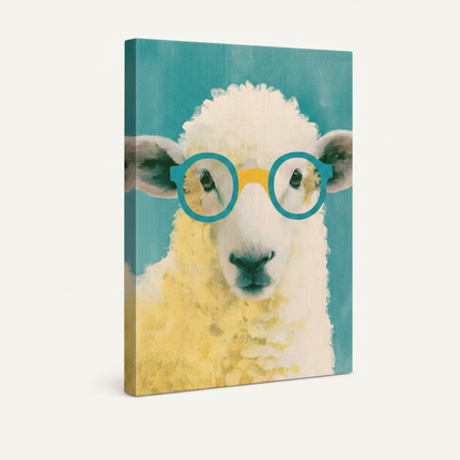 Gallery-wrapped canvas of a white sheep wearing teal and yellow glasses, angled product view