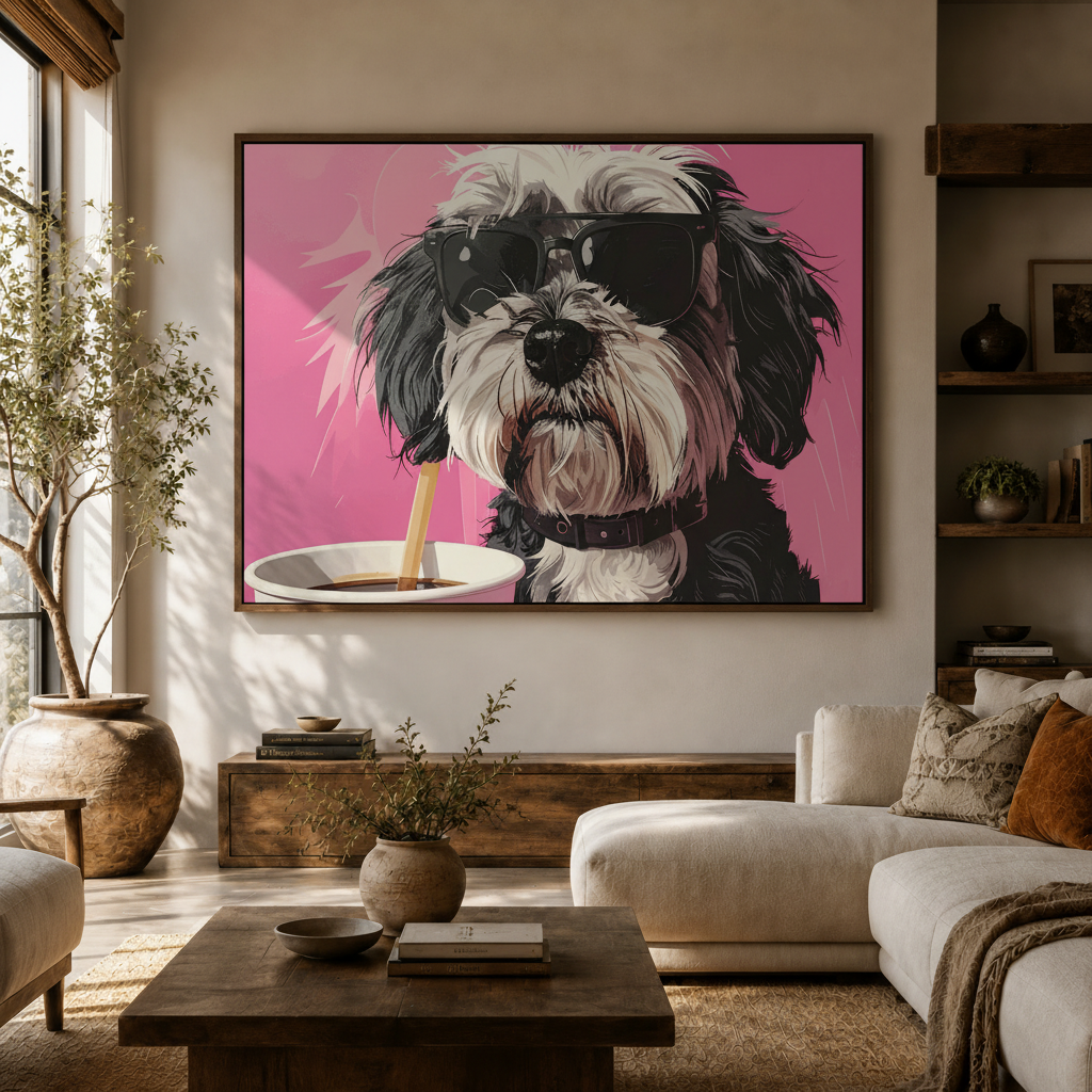 Framed pop art dog wall art hung in modern living room with window light and wooden sideboard
