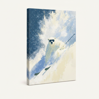 Gallery-wrapped polar bear skiing canvas shown at angle on clean white background