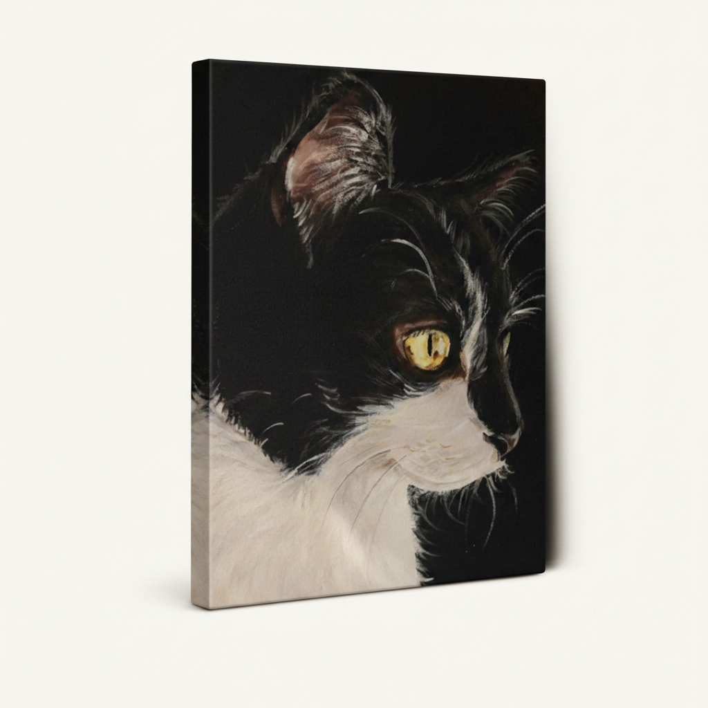 Gallery-wrapped black cat canvas print on cream background, angled product view