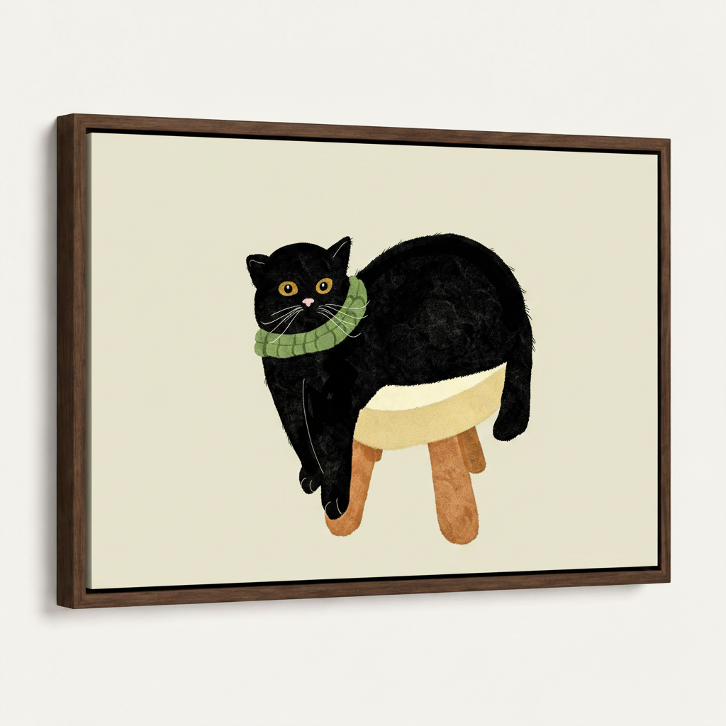 Black cat on stool canvas print in dark walnut float frame at 45-degree angle on white background