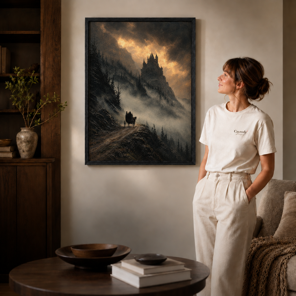 Gothic castle canvas wall art on an unframed canvas beside a woman in white.