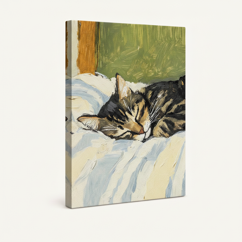 Gallery-wrapped sleeping cat impressionist canvas print shown at angle on white background