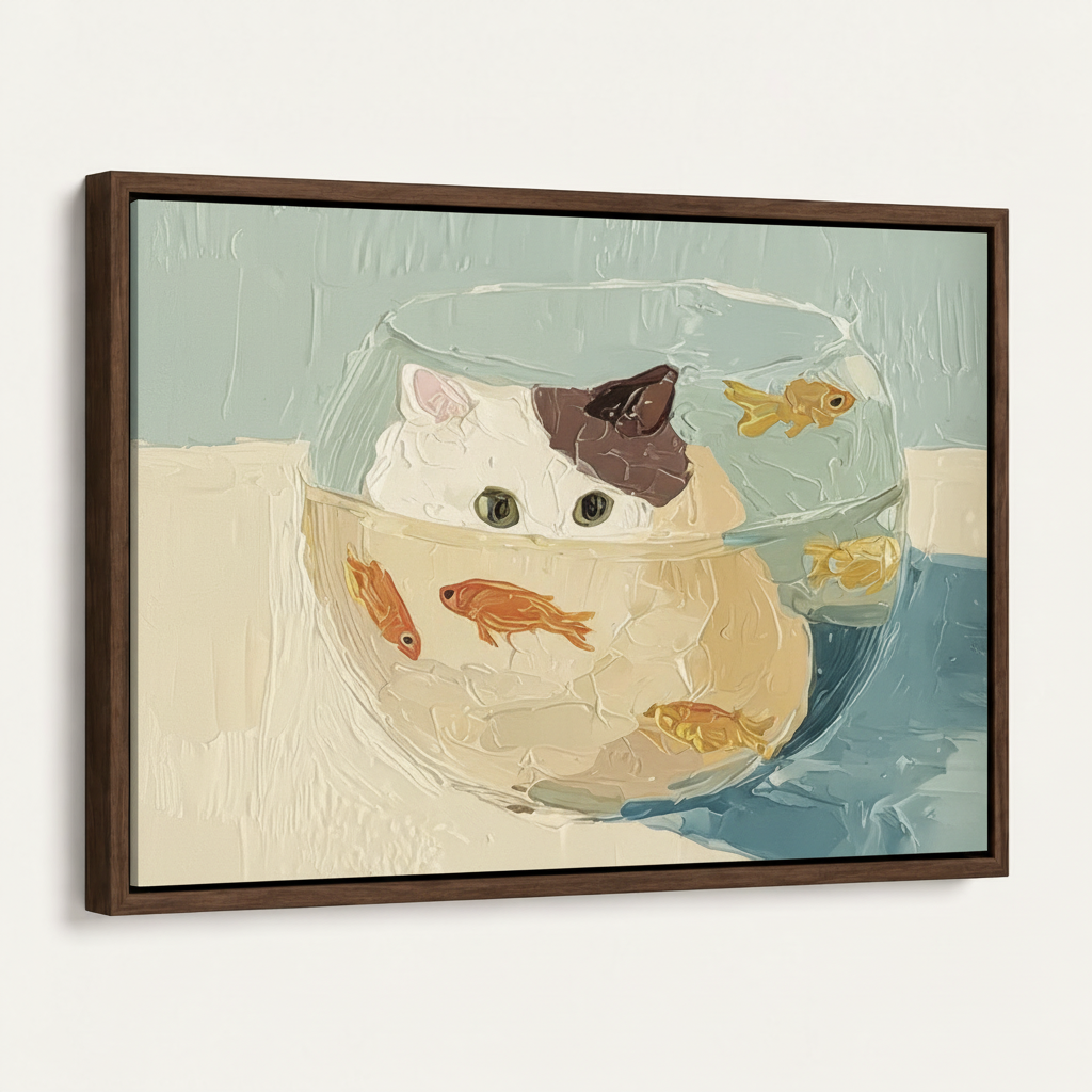Cat in glass fishbowl with goldfish impressionist canvas in dark walnut float frame, product angle view