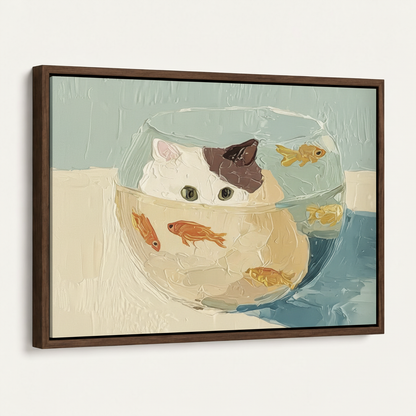 Cat in glass fishbowl with goldfish impressionist canvas in dark walnut float frame, product angle view