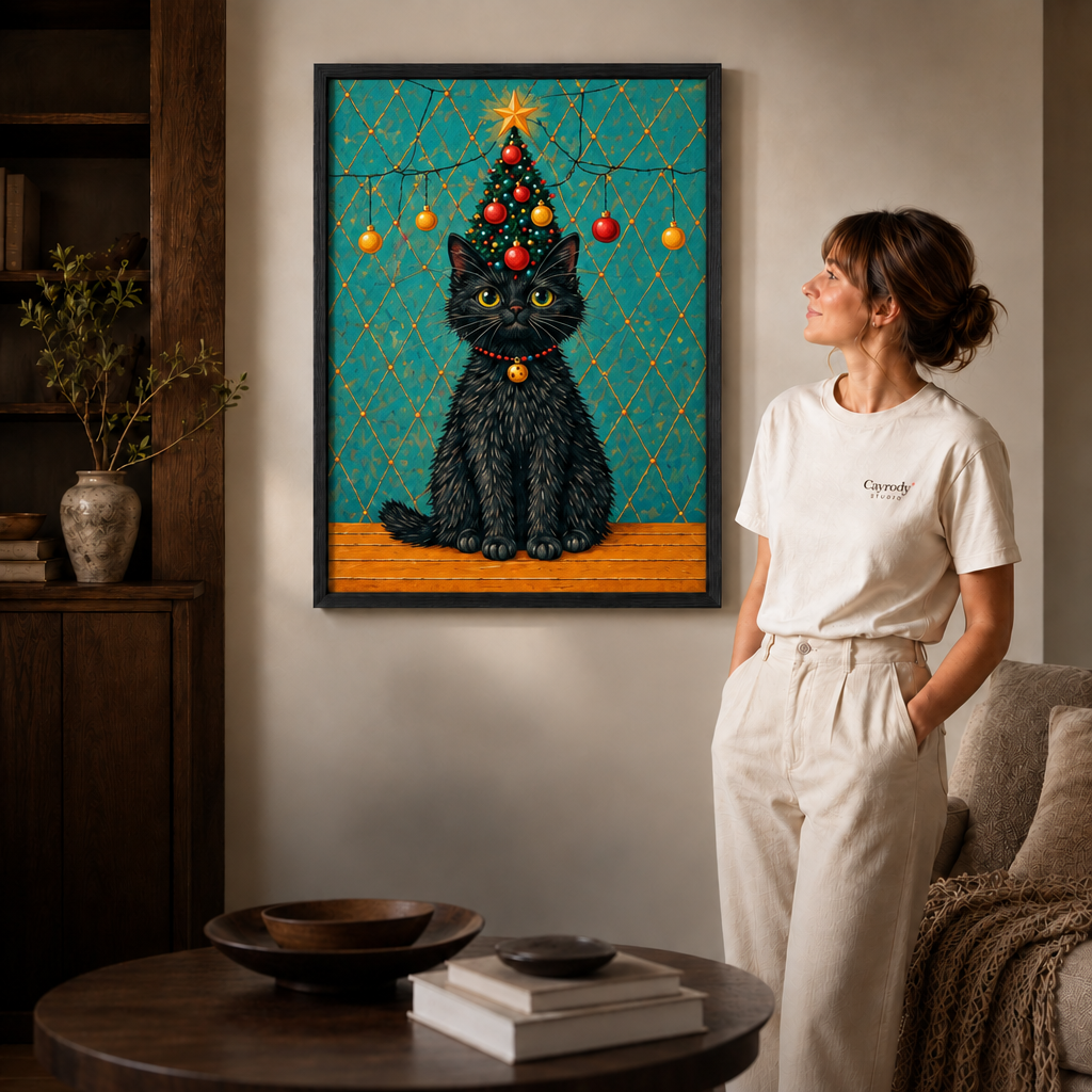 Black-framed black cat Christmas tree wall art above a round table in a cozy living room.