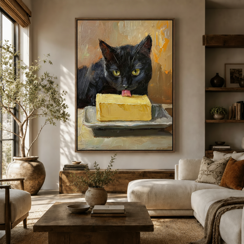 Bold black cat butter canvas wall art hanging in warm Japandi living room