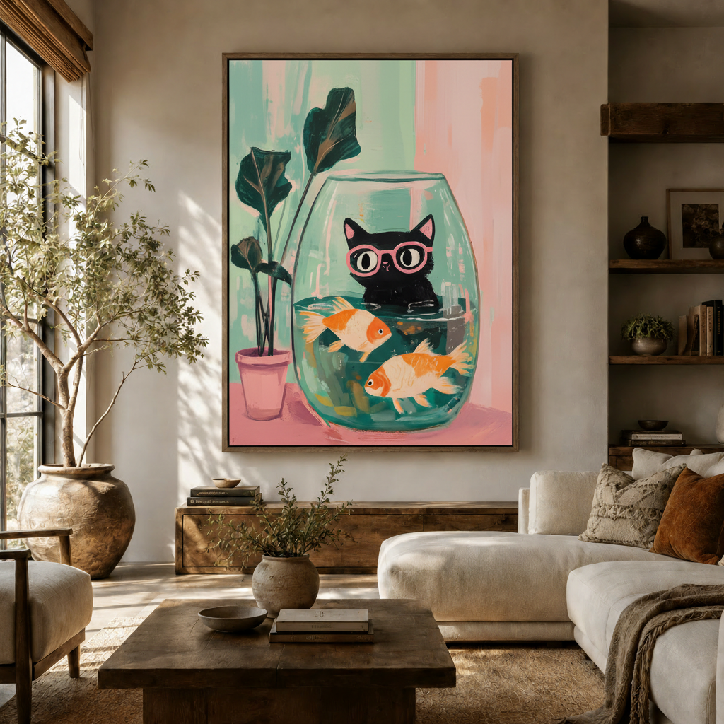 Playful cat fishbowl canvas art hanging in a bright modern living room above wooden sideboard