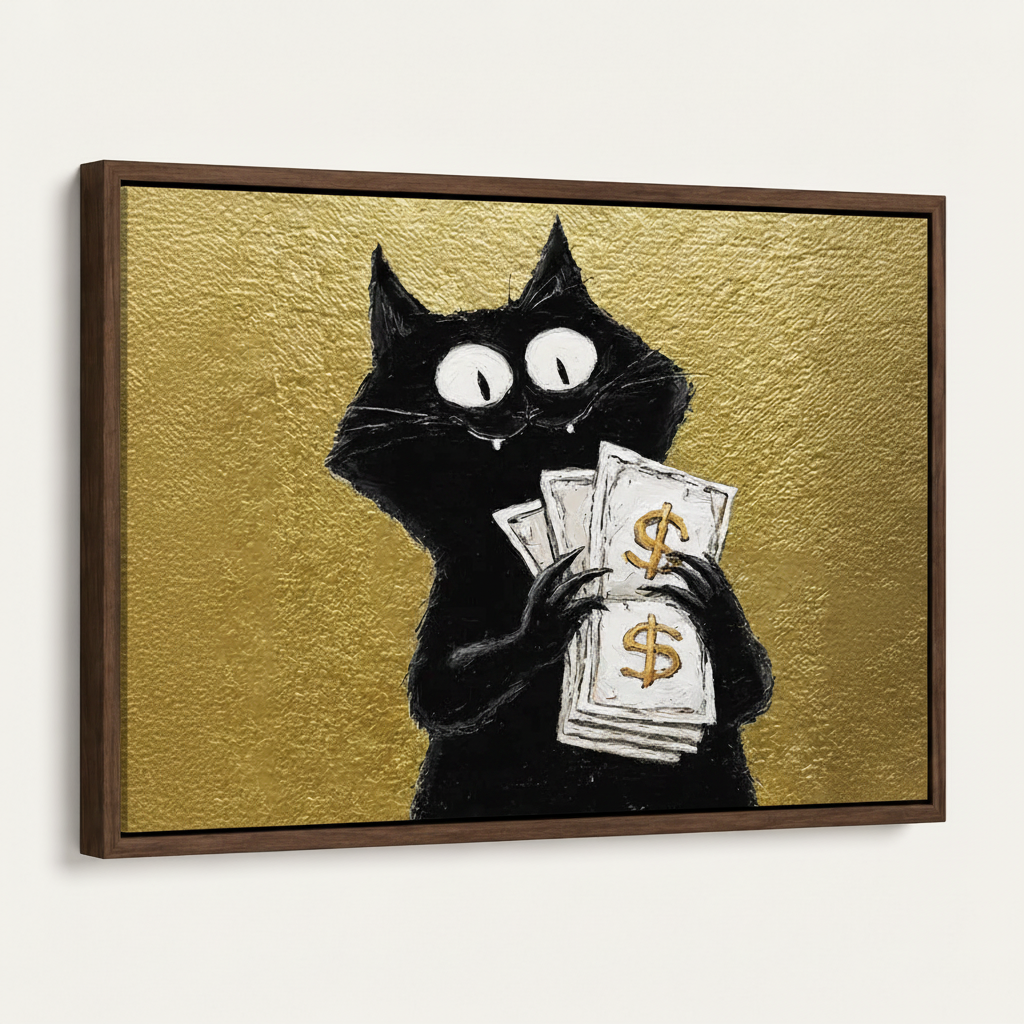 Side-angle product view of black cat money framed canvas art on white background showing walnut frame depth
