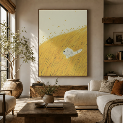 Warm golden field white dog canvas wall art above sideboard in cozy neutral living room