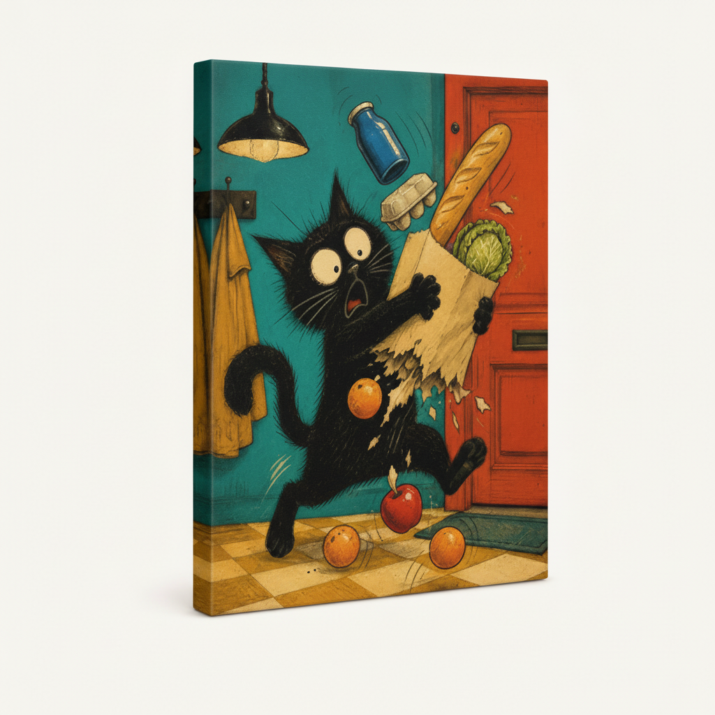 Gallery-wrapped black cat canvas print on white background angled 3/4 product view