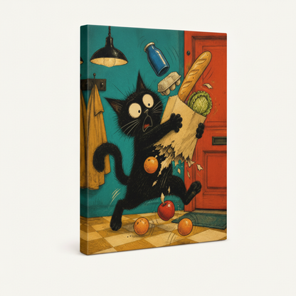 Gallery-wrapped black cat canvas print on white background angled 3/4 product view