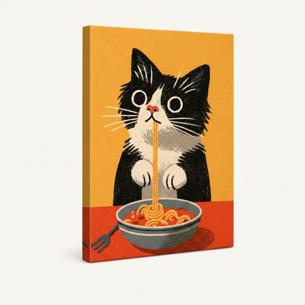 Gallery-wrapped tuxedo cat pasta illustration canvas at angle showing wrap depth on clean off-white background