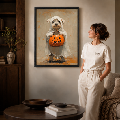 Black-framed ghost dog and pumpkin canvas art styled beside a woman in a modern living room.