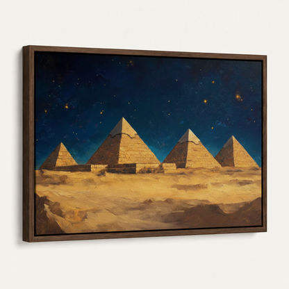 Dark walnut floater frame canvas of pyramids under starry sky, angled product view on white background