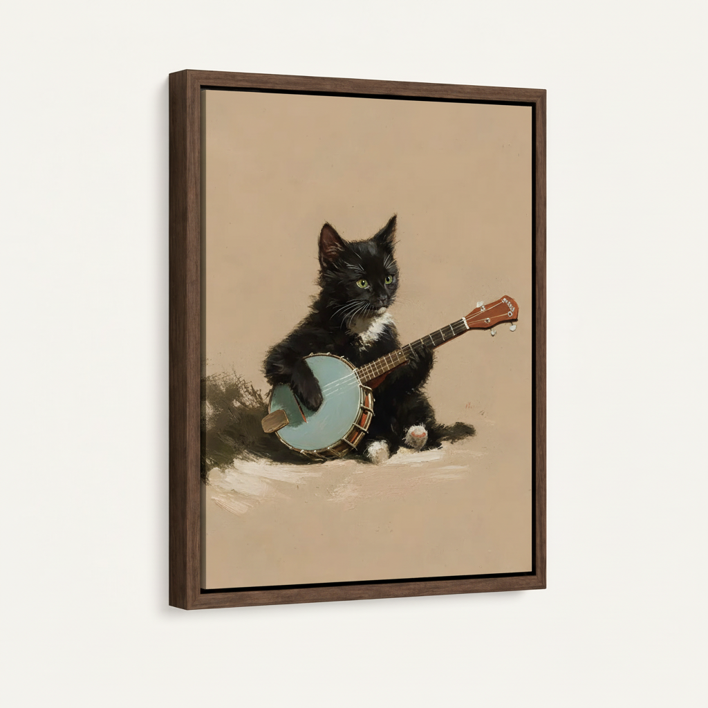 Framed canvas closeup of a black tuxedo kitten holding a sky-blue banjo on sandy beige impasto background
