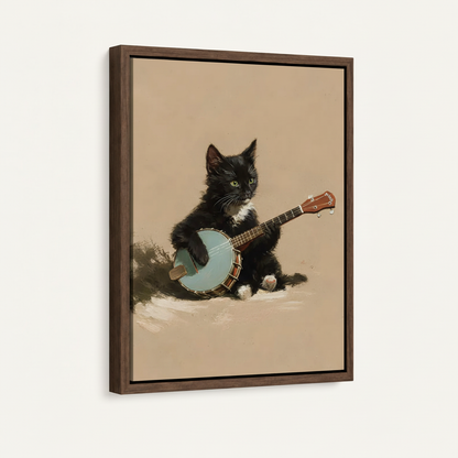 Framed canvas closeup of a black tuxedo kitten holding a sky-blue banjo on sandy beige impasto background