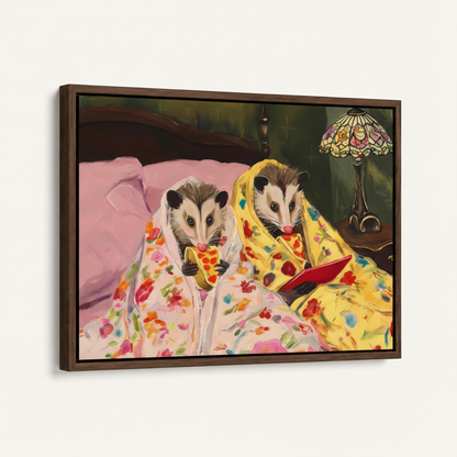 Dark walnut float frame canvas of two opossums eating pizza and scrolling tablet, angled product view on white background