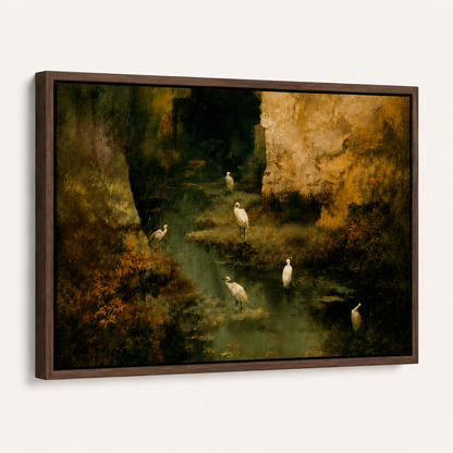 Framed canvas egret oil painting shown front-facing on white background, dark wood frame detail