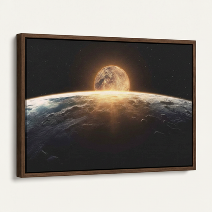 Framed canvas of a glowing planet rising over Earth's horizon shown at a 45-degree angle on a white background