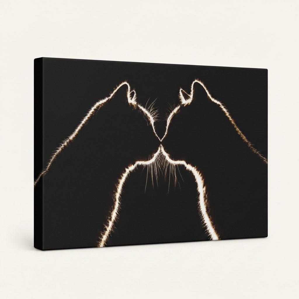 Gallery-wrapped black gold cat canvas print at angle on clean cream background