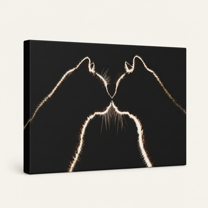 Gallery-wrapped black gold cat canvas print at angle on clean cream background